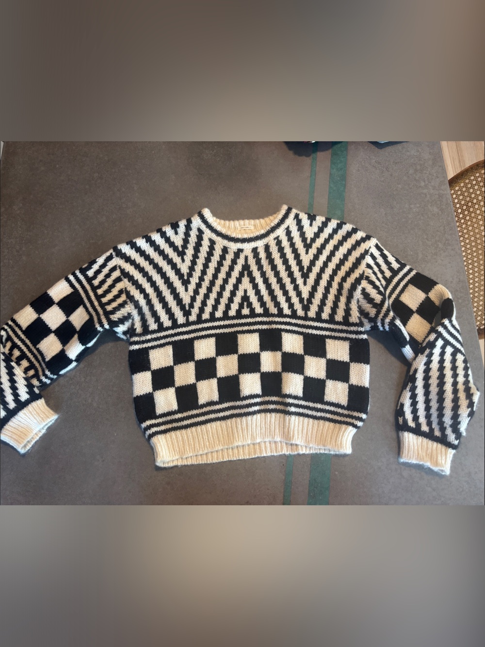 MOTHER Black & Cream Geometric Check Crewneck Sweater